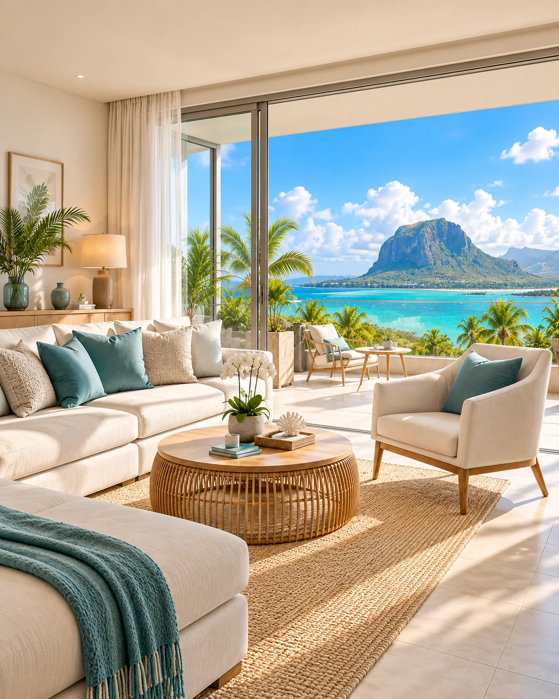 Visuel d’ambiance : appartement lumineux et terrasse avec vue sur le Morne Brabant