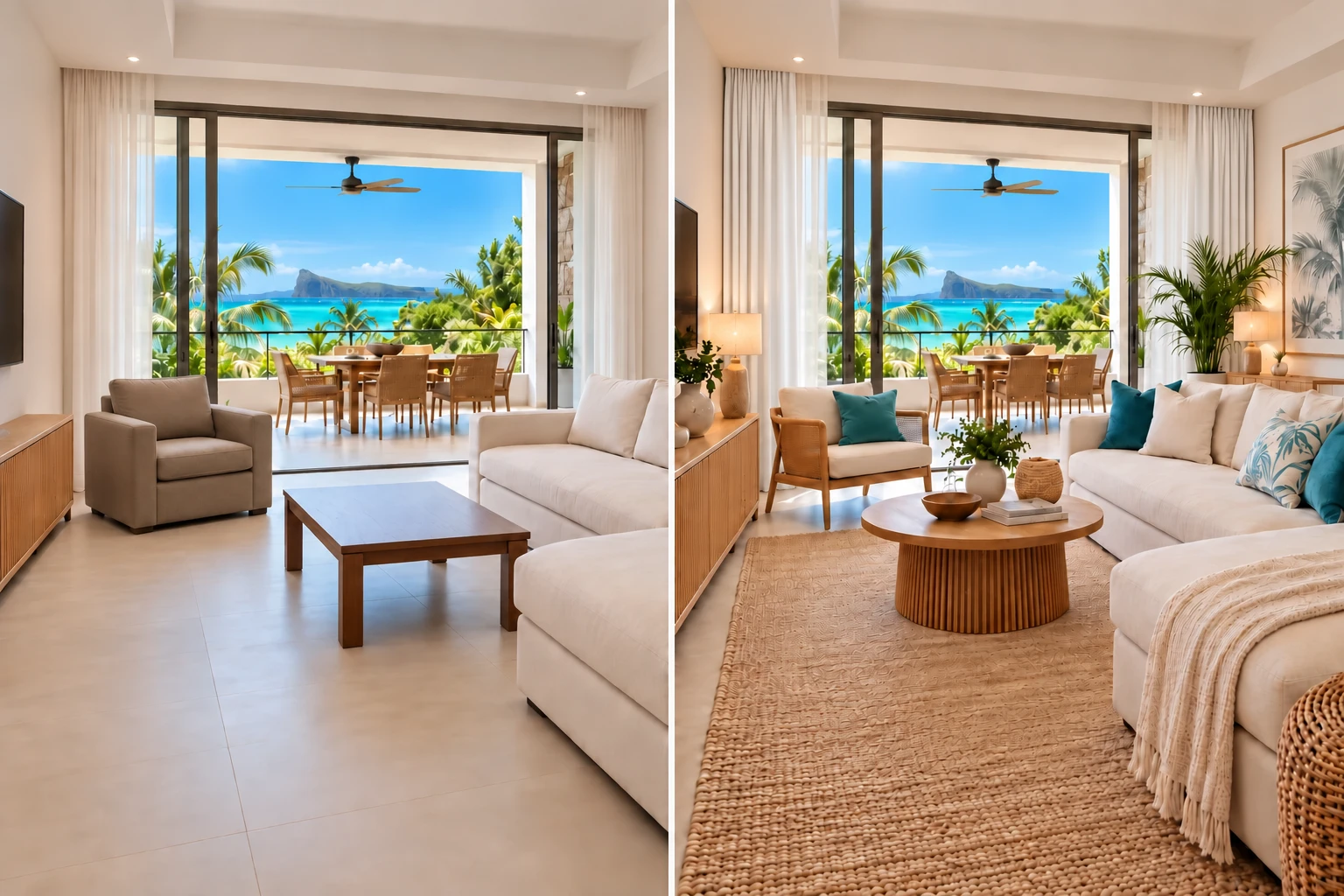 Simulation avant et après : le salon d’une villa ouvert sur le lagon, valorisé par un nouveau mobilier, des rideaux et une décoration harmonisés