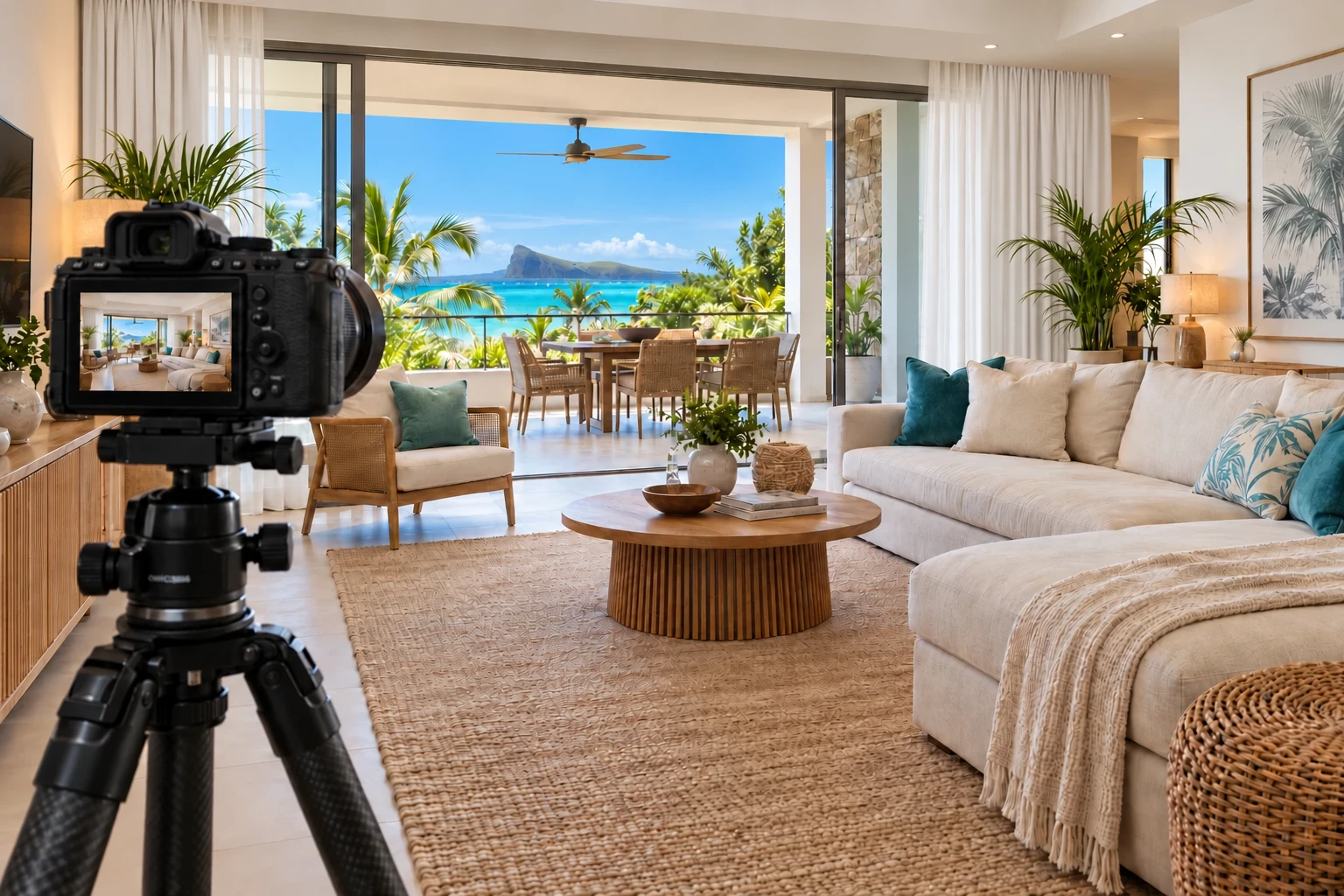 Illustration d’un appareil sur trépied cadrant un intérieur lumineux pour une séance photo immobilière professionnelle