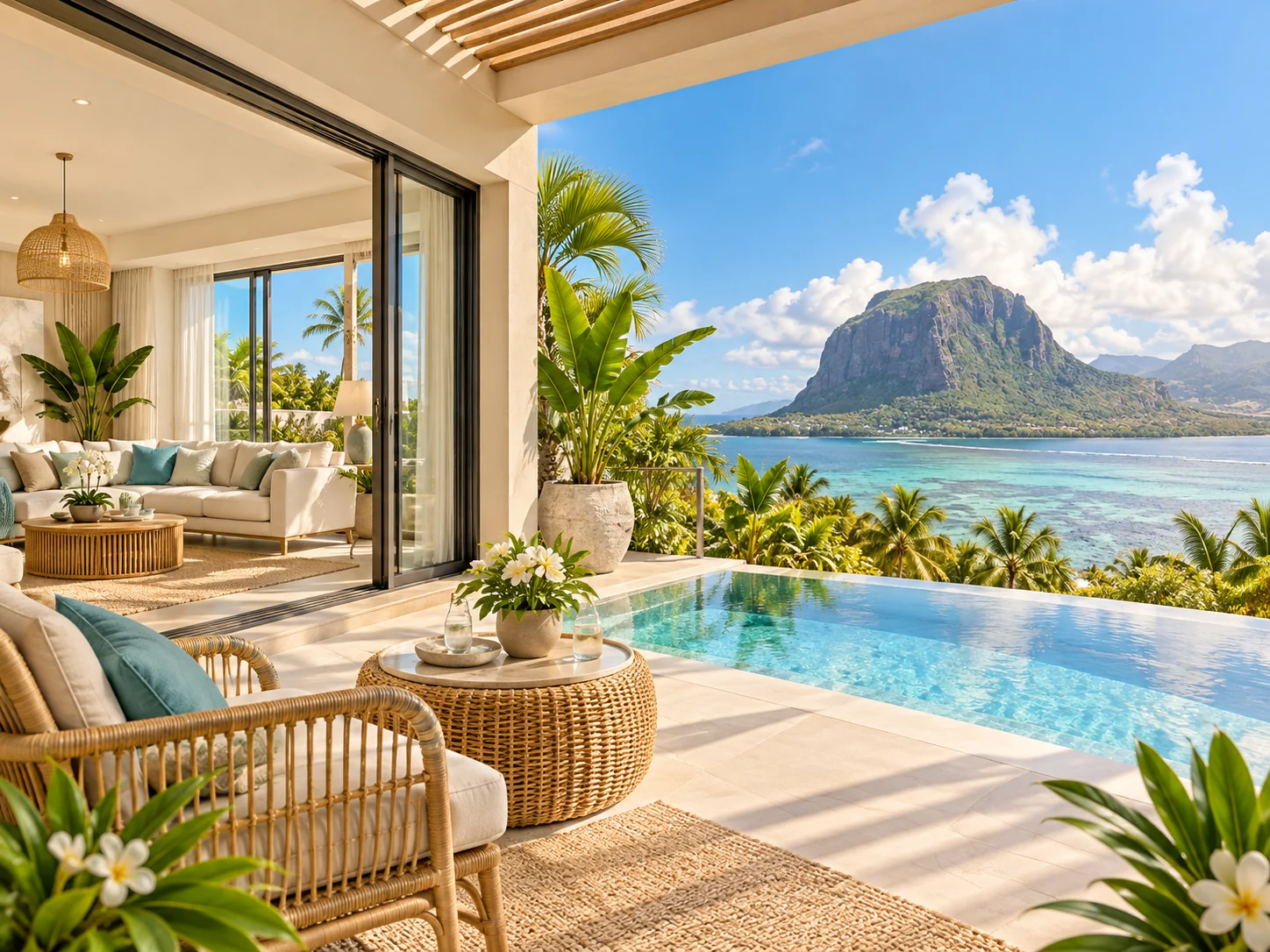 Visuel d’ambiance : terrasse et salon d’une villa avec le Morne Brabant à l’horizon